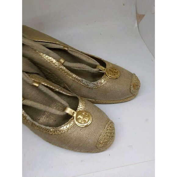 Tory Burch Brown Canvas Tie Wrap Espadrille Wedge Heels Size 9 FLAWED - Picture 3 of 16